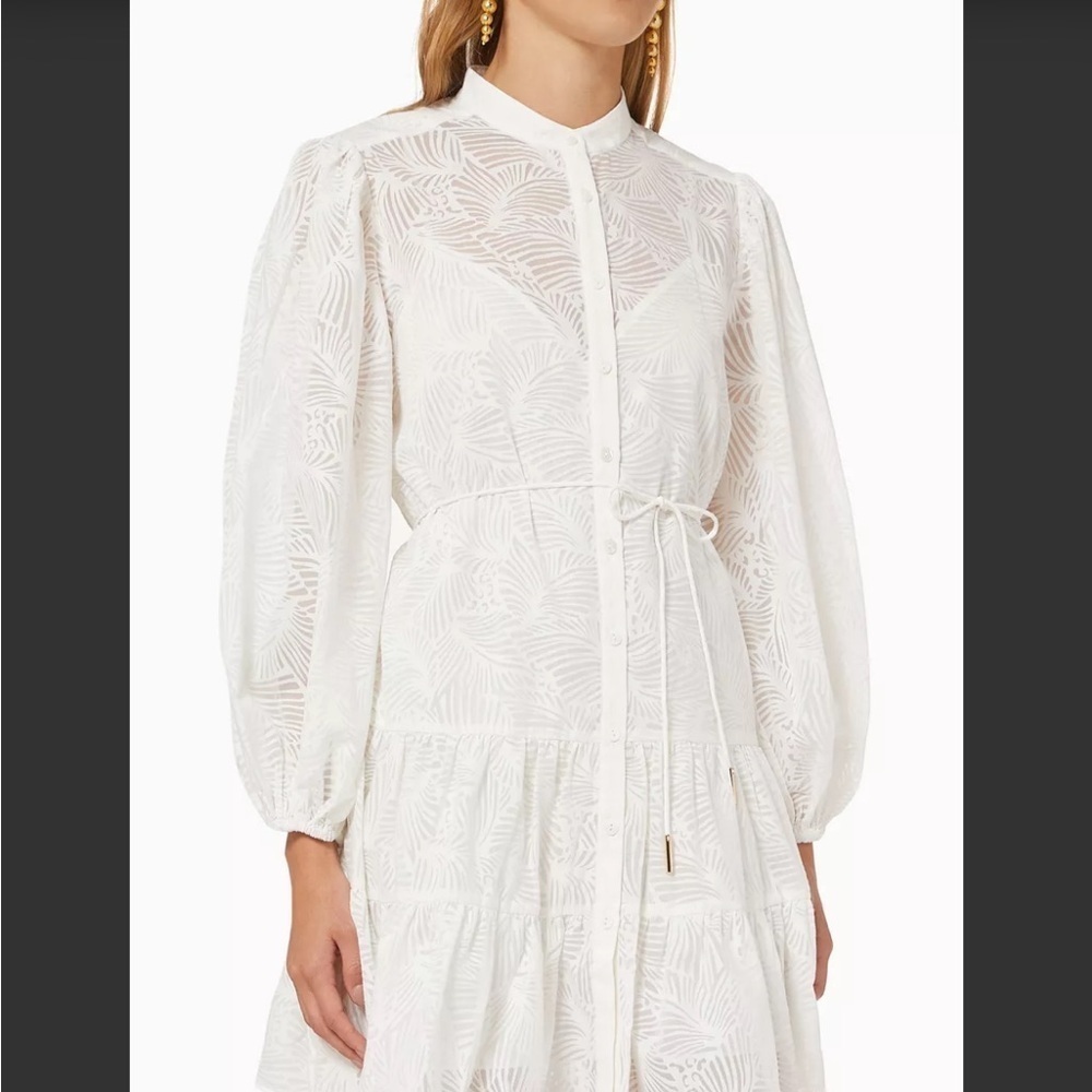 White Textured Button-Front Mini Dress with Tie Waist